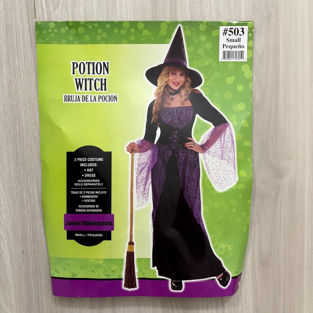 Potion Witch Girls Costume Halloween Black Purple Kids Junior Size Small Hat